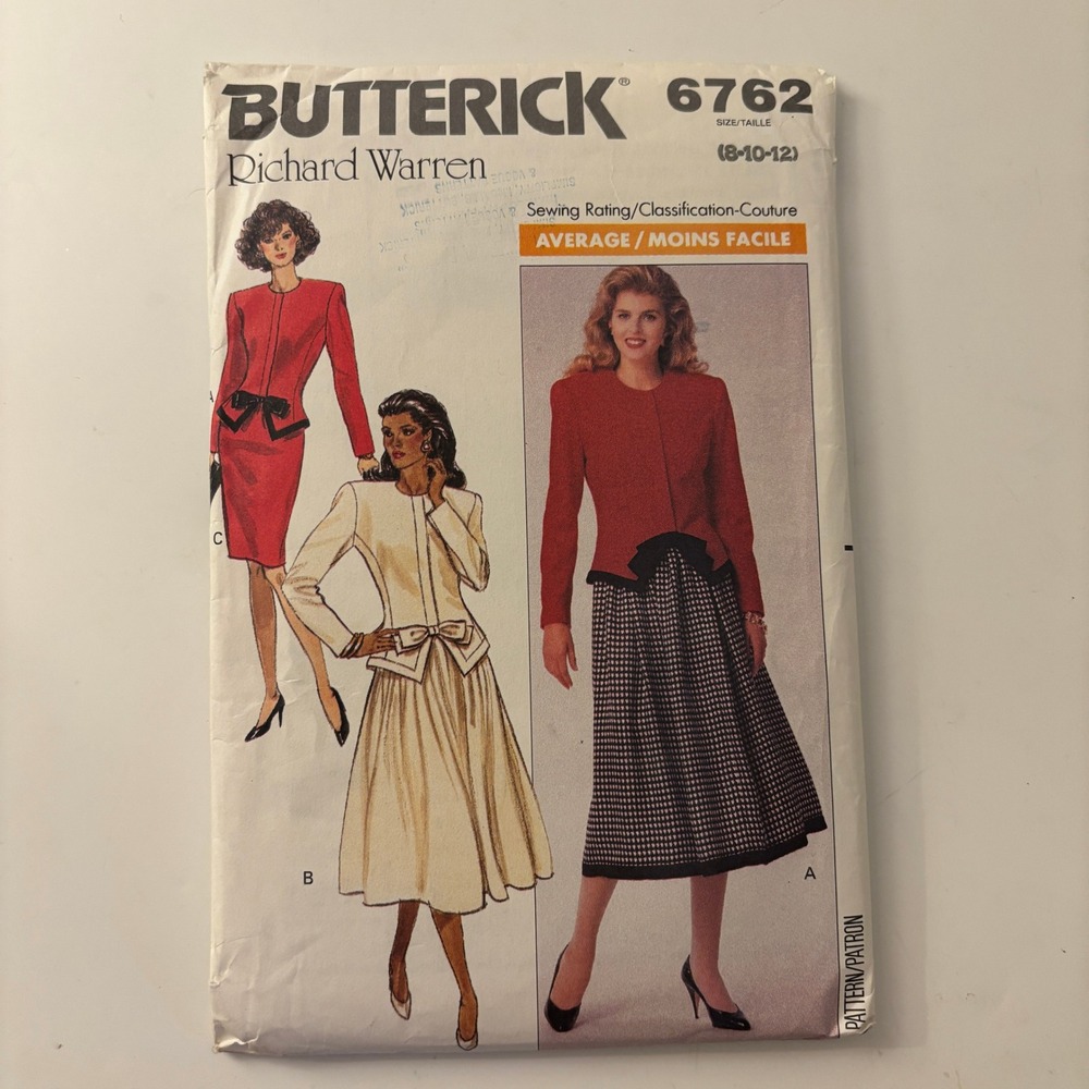 VTG 80s Richard Warren Butterick 6762 Suit Peplum Top Skirt Pattern Bust 31.5-34
